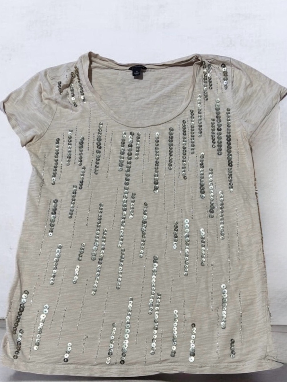 Ann Taylor S Beige Sequin Stripe Tee – Small Stain Back – AS IS